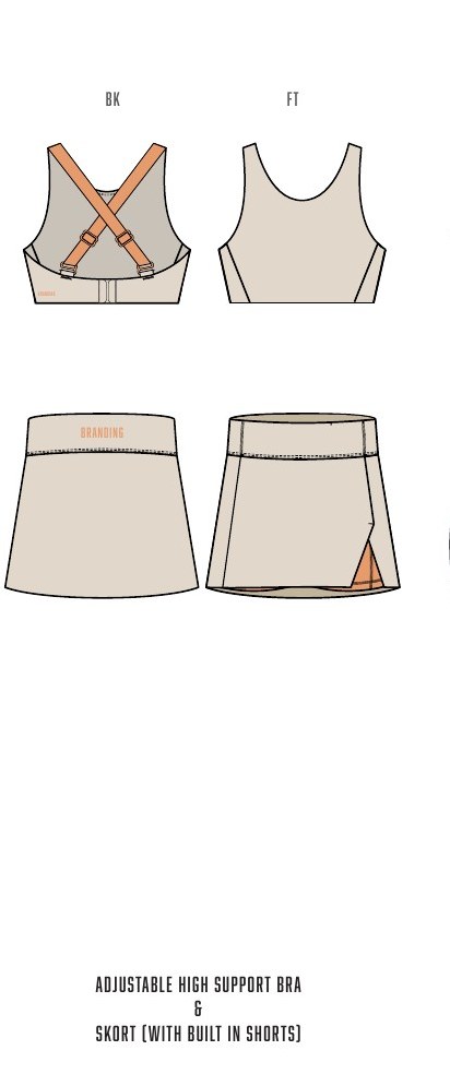 Adjustable high support bra and skort